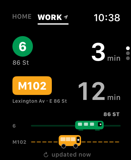 Actual OliveGo arrival screen: 6 train in 3 minutes, M102 bus in 12 minutes
